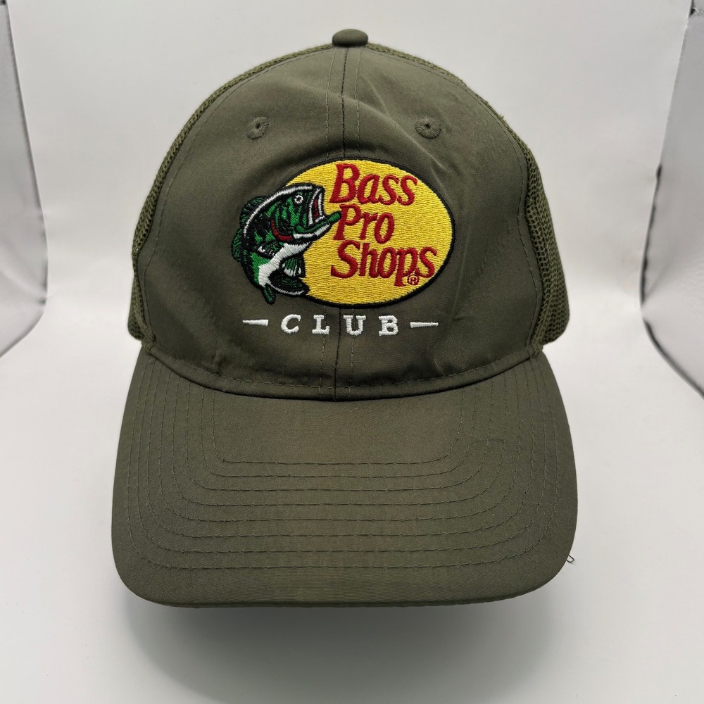 Bass Pro Shops Club Trucker Hat Olive Green Mesh Back Embroidered Fish Logo